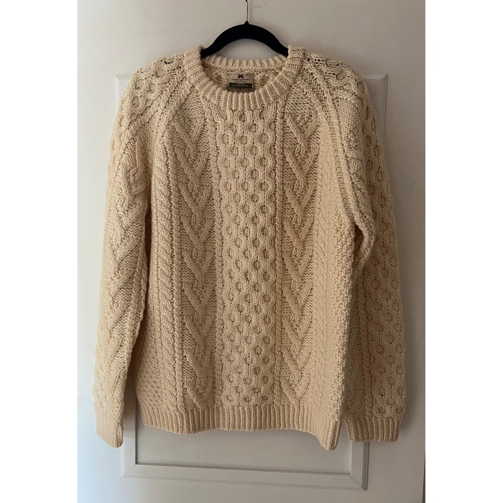 Carraig Donn Handknit Ireland Pure New Wool Aran Fisherman Sweater Cream Mens